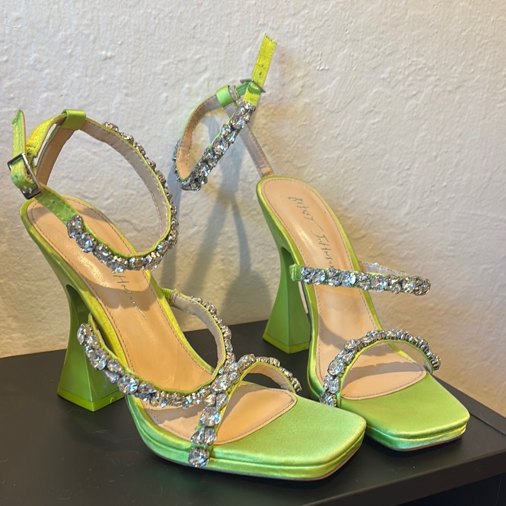 Betsey Johnson Green Satin Crystal-Embellished Heels